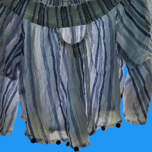 SURF GYPSY BOHO STYLE CROP COVER UP. OR TOP WHITE WITH BLUE AND GOLD STRIPES - Picture 3 of 10